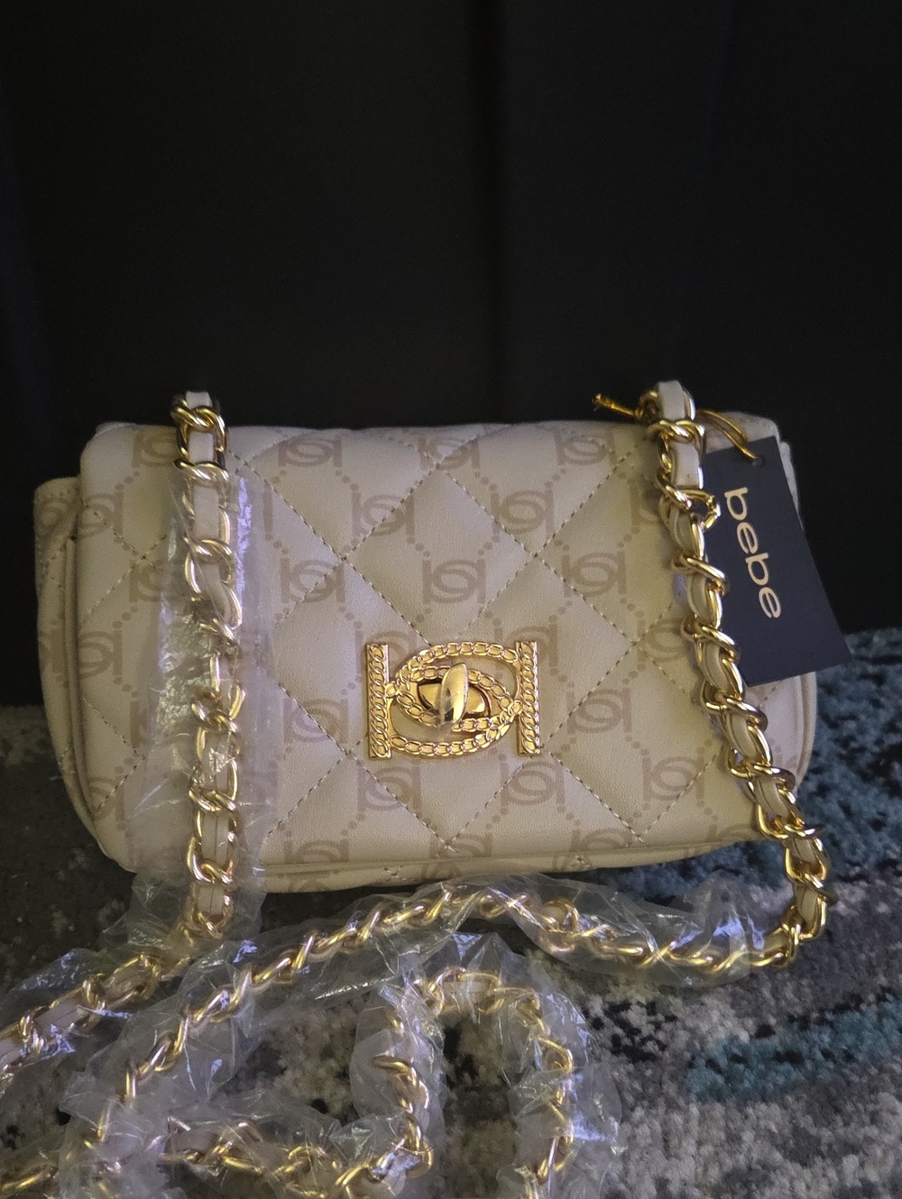 Mini Bebe Quilted Cream Shoulder Bag with Gold Chain Strap